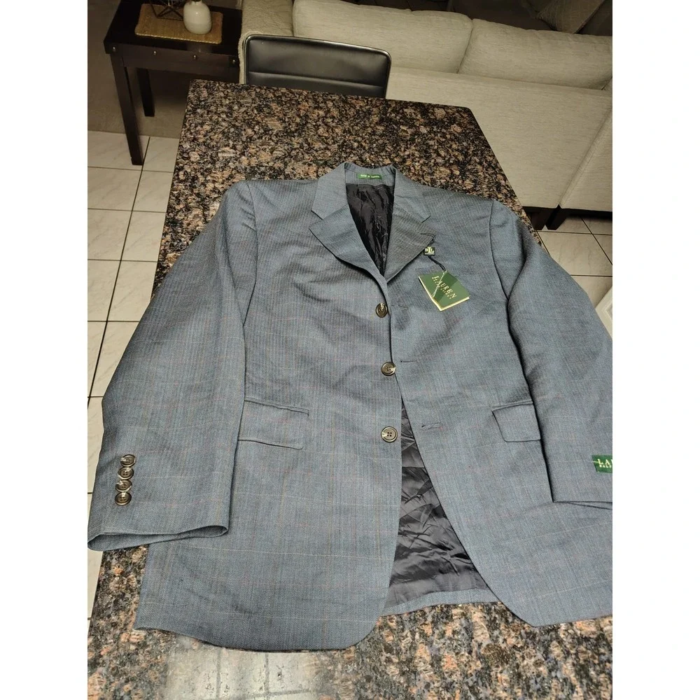 Lauren Ralph Lauren Mens Grey Plaid Herringbone 100% Wool 3-Button Blazer Jacket